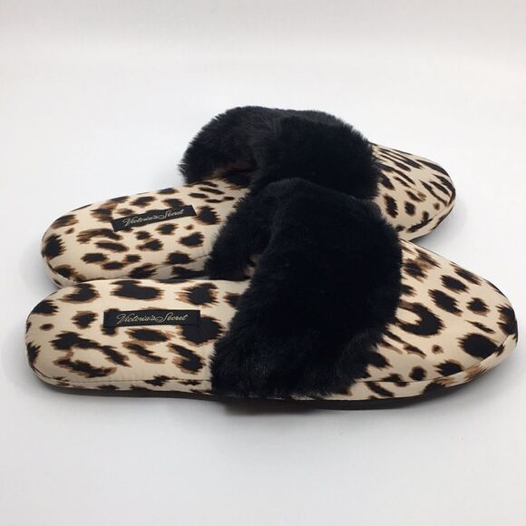 Victoria’s Secret leopard printed faux fur trim foam slipper Sz Small - Picture 2 of 8